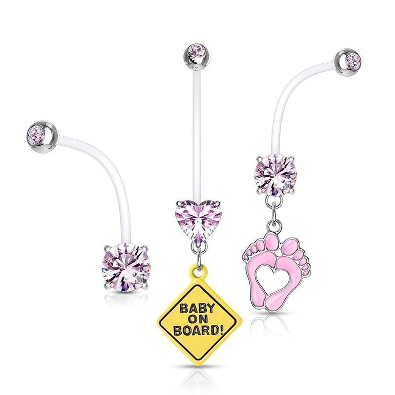 Pierced Owl Set of 3 Double Jeweled Pregnancy Maternity Belly Button Ring Retainers (Pink) - Image 1